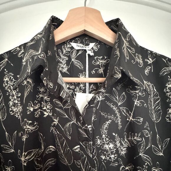 NWT Thakoon Botanical Print Button Up Shirt Dress in Black & Cream Size 8 - Picture 9 of 12
